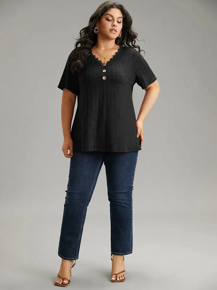 Lace Trim Plisse Button Detail T-Shirt