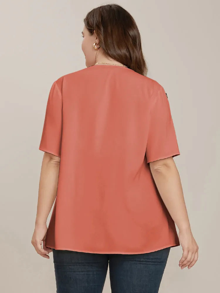 Plain Round Neck Button Detail Blouse