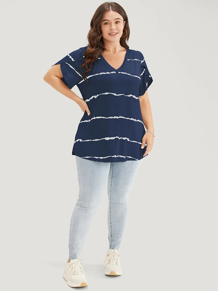 Striped Contrast Petal Sleeve T-shirt