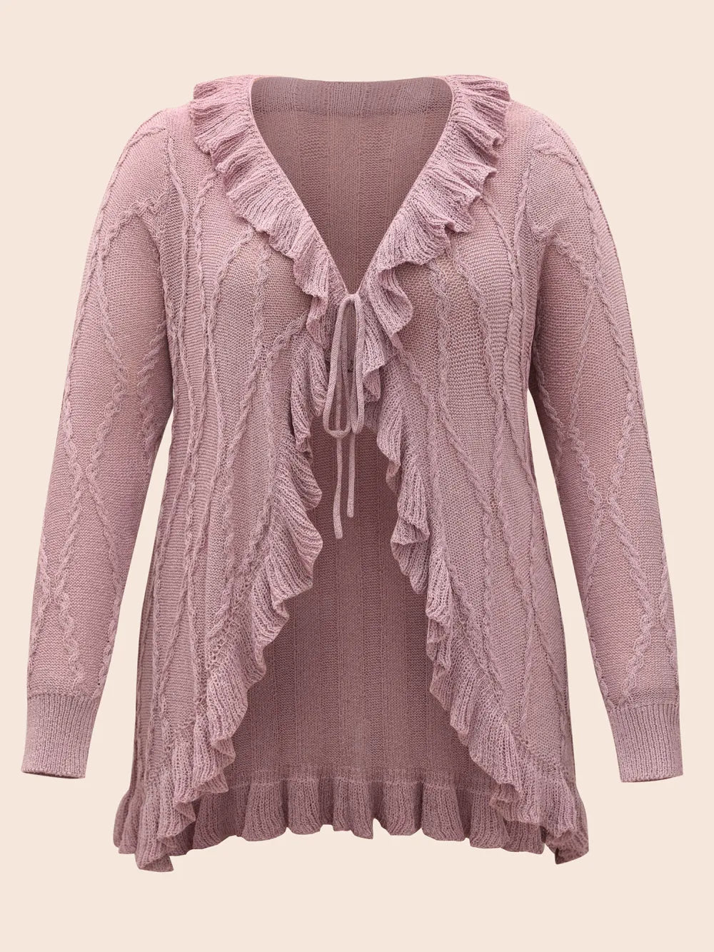 Ruffle Trim Ties Cable Knit Cardigan