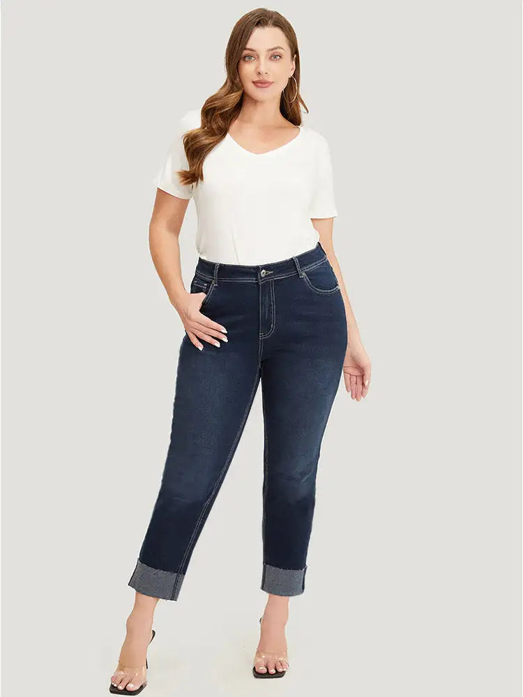 Straight Leg Very Stretchy High Rise Dark Wash Roll Hem Jeans