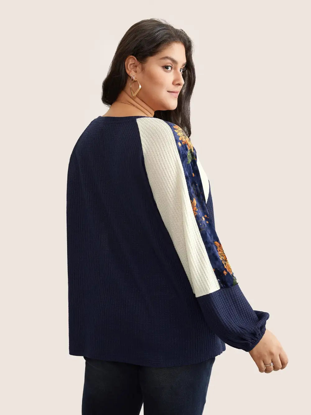 Waffle Knit Patchwork Floral Print T-Shirt