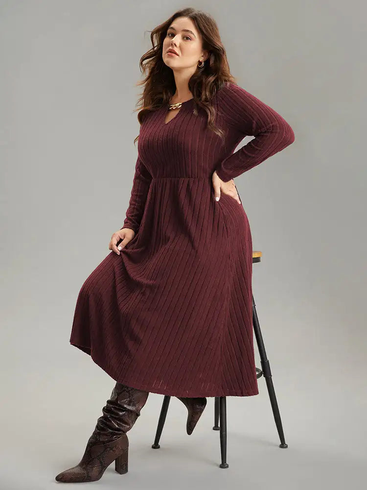 Rib Knit Plain Notched Pocket Dress