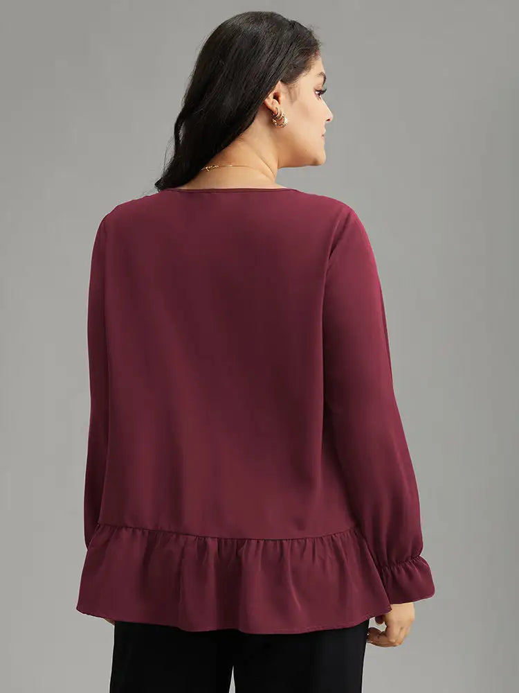Static-Free Plain Pleated Ruffles Lantern Sleeve Blouse