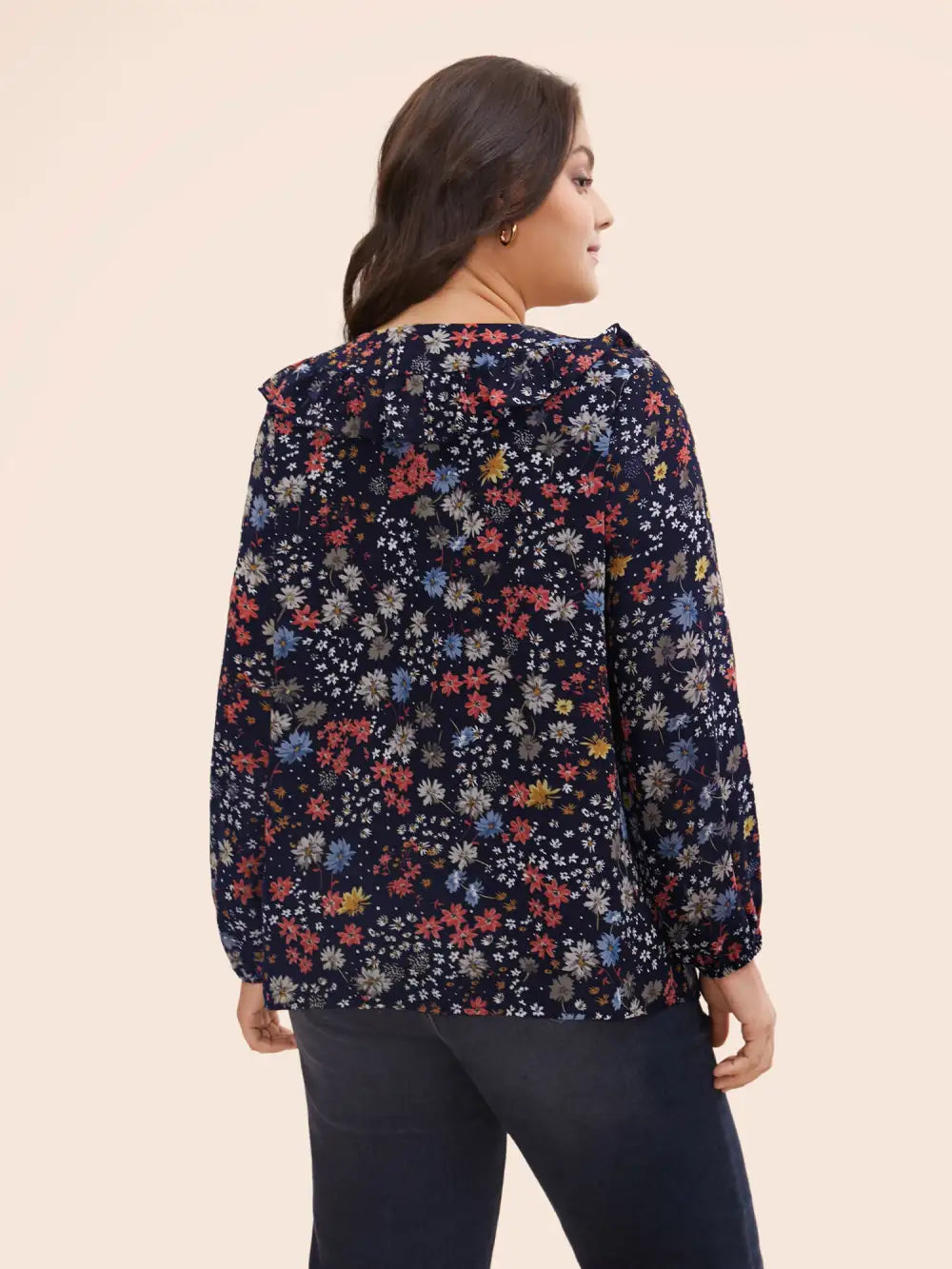 Chiffon Floral Tie Knot Ruffle Trim Blouse