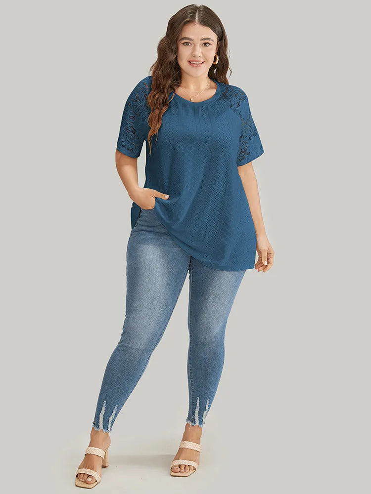 Solid Broderie Anglaise Lace Raglan Sleeve T-shirt