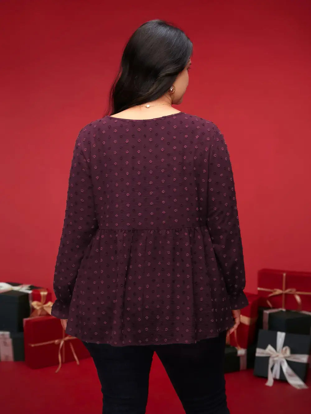 Textured Dot Elastic Cuffs A-Line Blouse