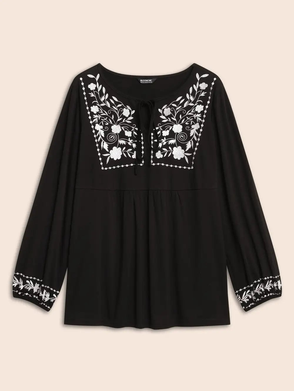 Floral Embroidered Knot Neck Lantern Sleeve T-Shirt