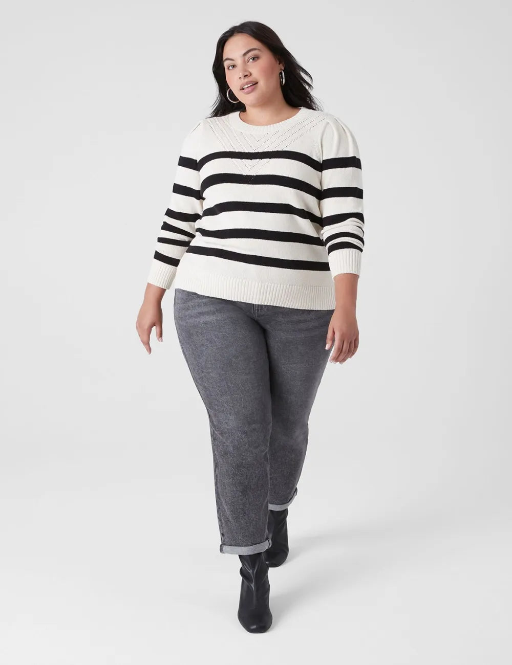 Puff-Sleeve Crew-Neck Striped Sweater