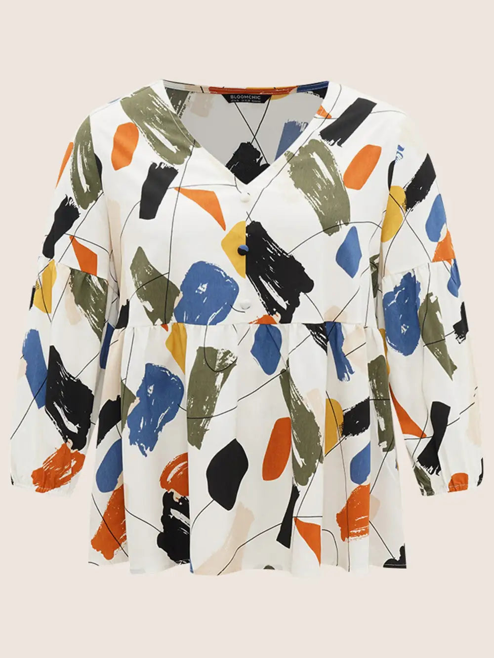 Brush Print Button Detail Elastic Cuffs Blouse