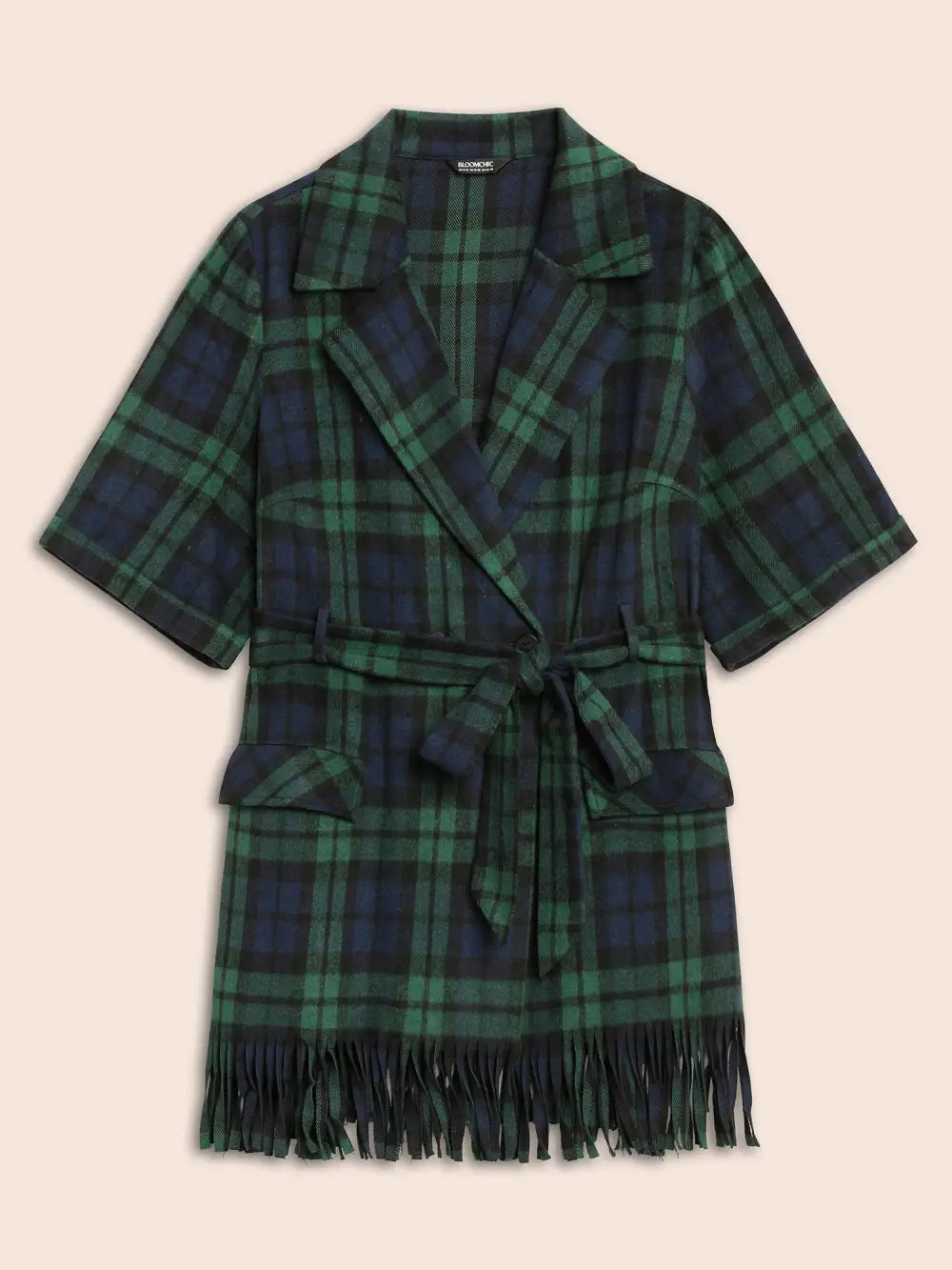 Plaid Tassel Trim Pocket Belted Jacket