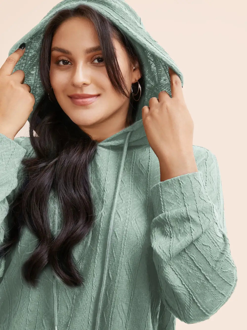 Plain Textured Hooded Drawstring Sweatshirt