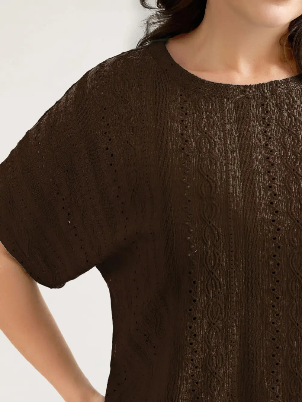 Eyelet Trim Stretchy Textured Plain Top