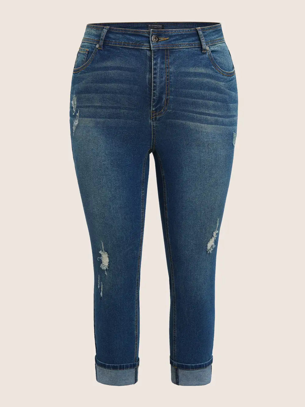 Roll Hem Ripped Pocket Straight Leg Cropped Jeans