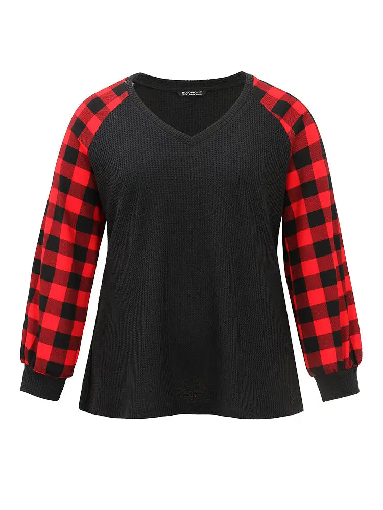 Waffle Knit Plaid Patchwork Raglan Sleeve T-Shirt