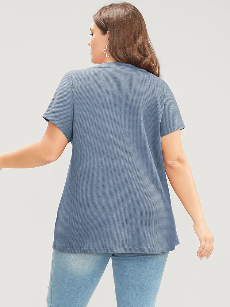 Solid Dolman Sleeve Button Detail Waffle Knit T-shirt