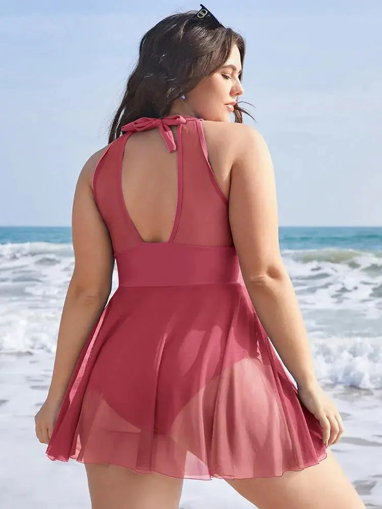 Knotted Back Mesh Insert Halter Swim Dress