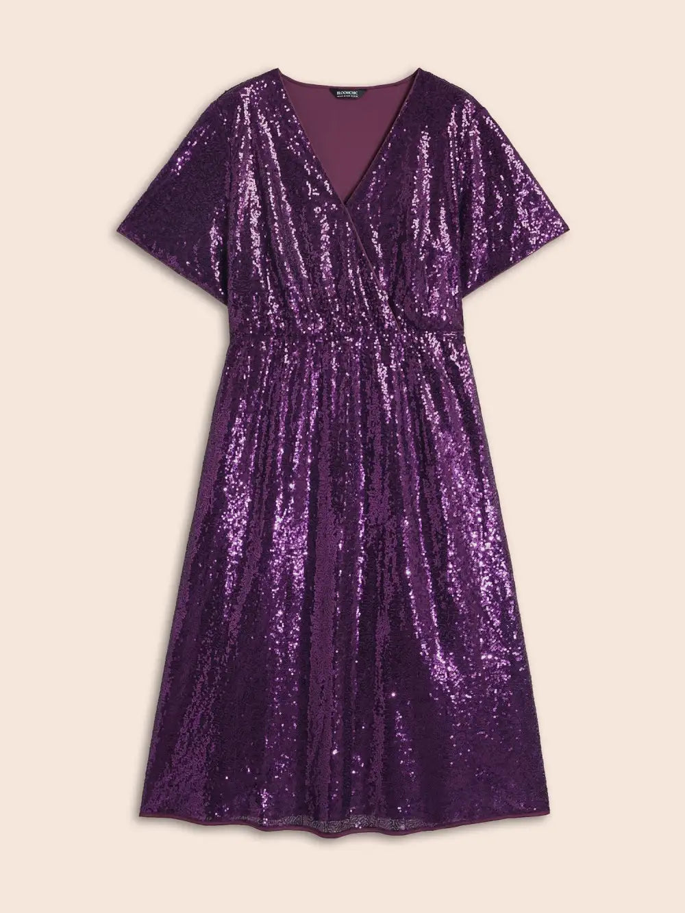 Sequin Overlap Collar Ruffle Sleeve Dress