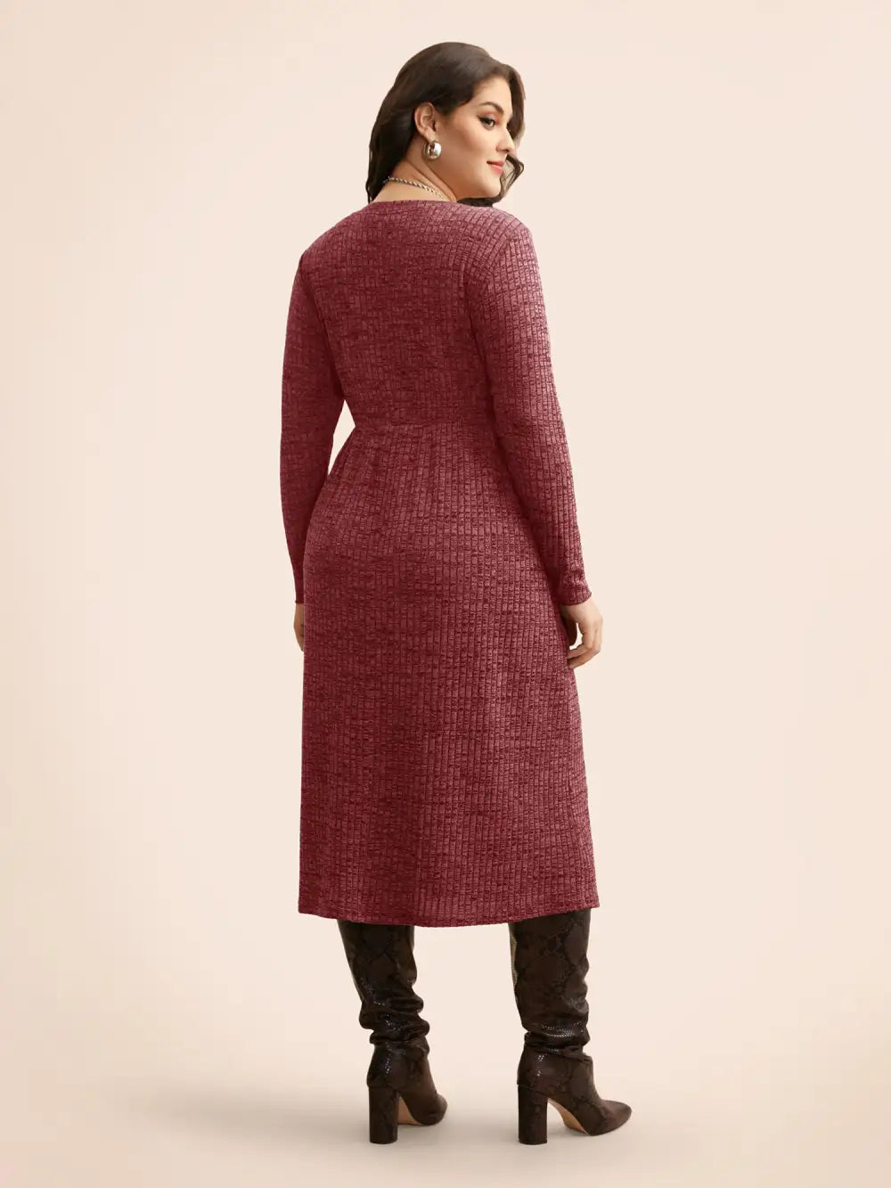 Crew Neck Button Detail Split Hem Dress