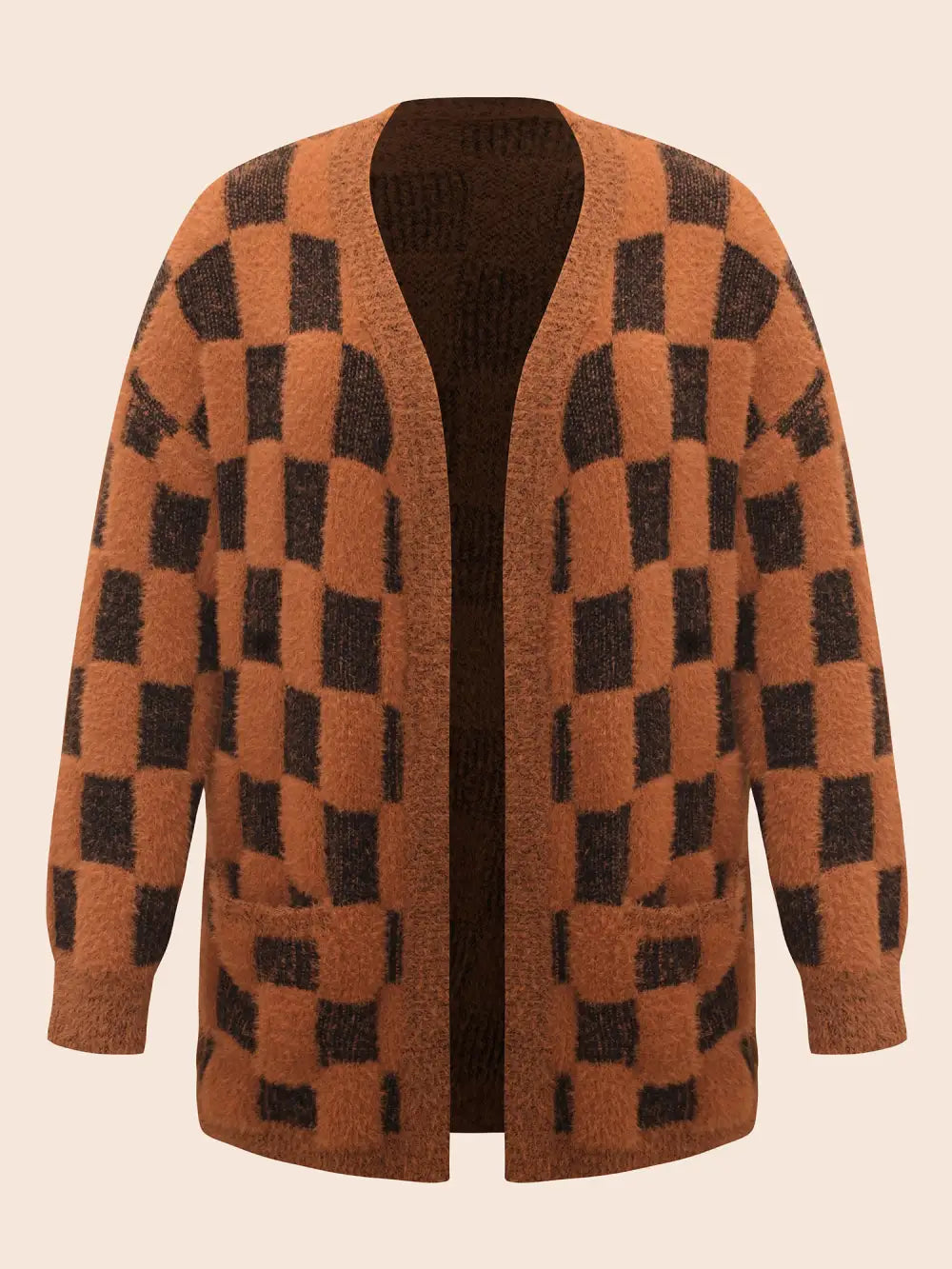 Plaid Fluffy Patched Pocket Cardigan