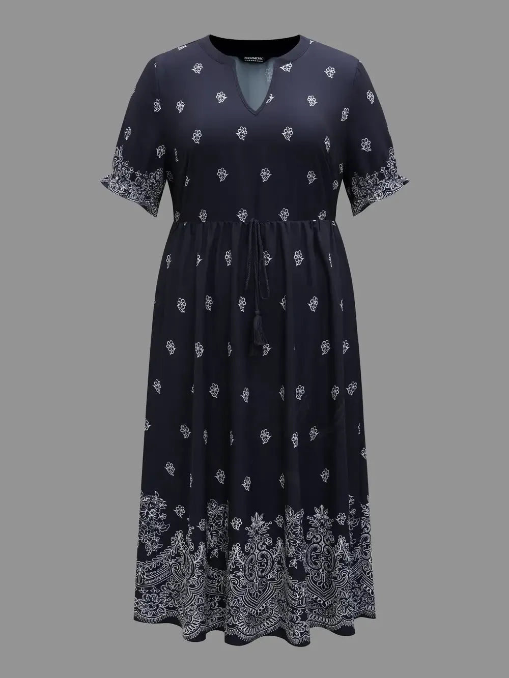 Floral Waist-Tie Notched Collar Midi Dress