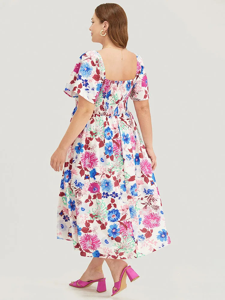 Floral Backless Shirred Square Neck Pocket Ruffle Hem Dress