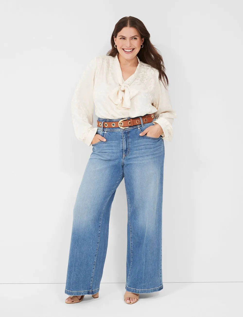 Long-Sleeve Tie-Neck Popover Blouse