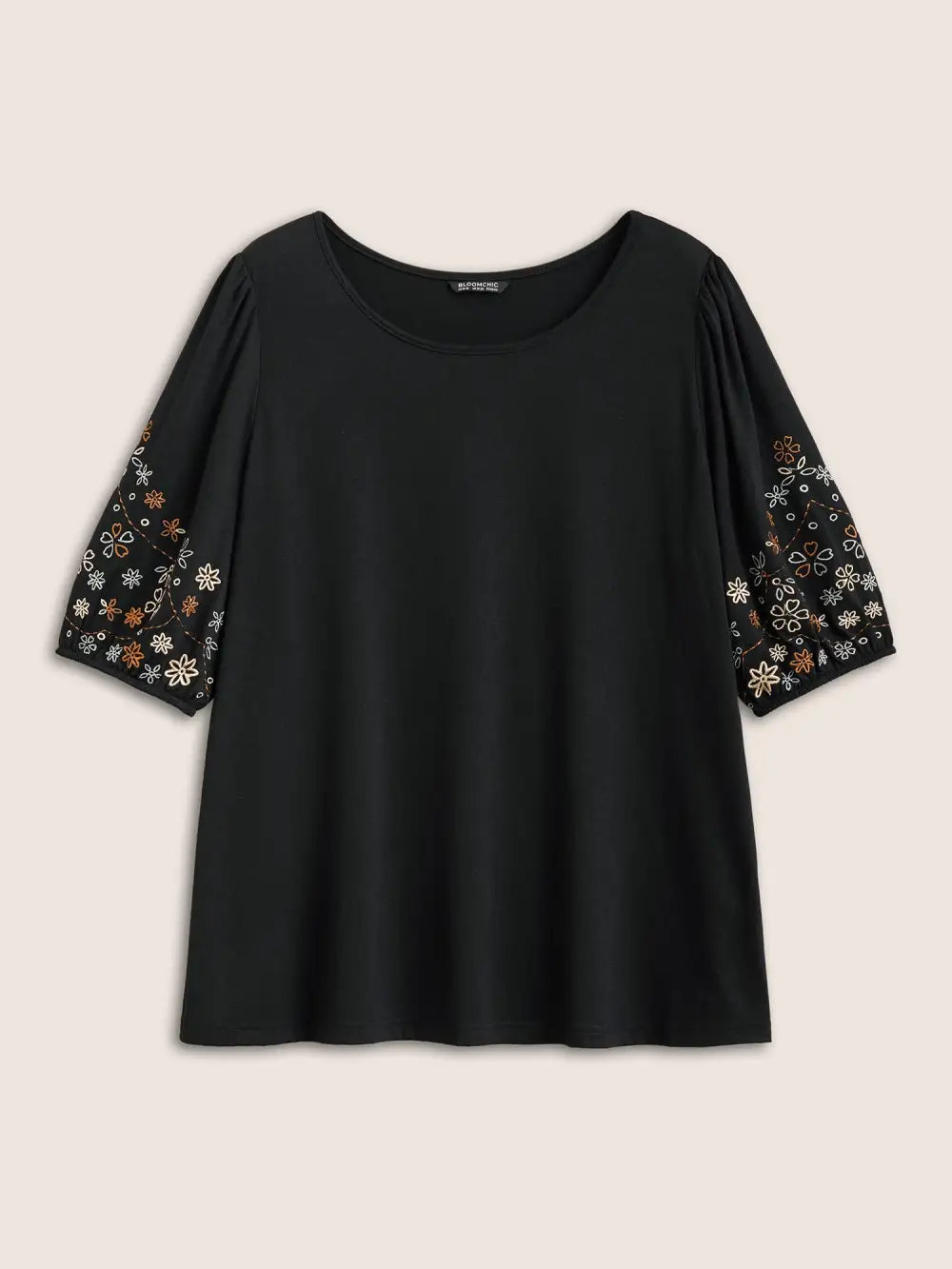 Floral Embroidered Crew Neck Puff Sleeve T-Shirt