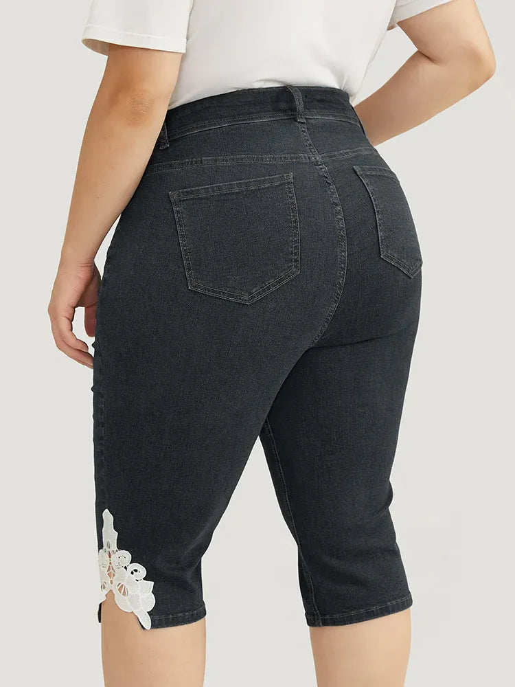 Very Stretchy High Rise Medium Wash Guipure Lace Knee Denim Shorts