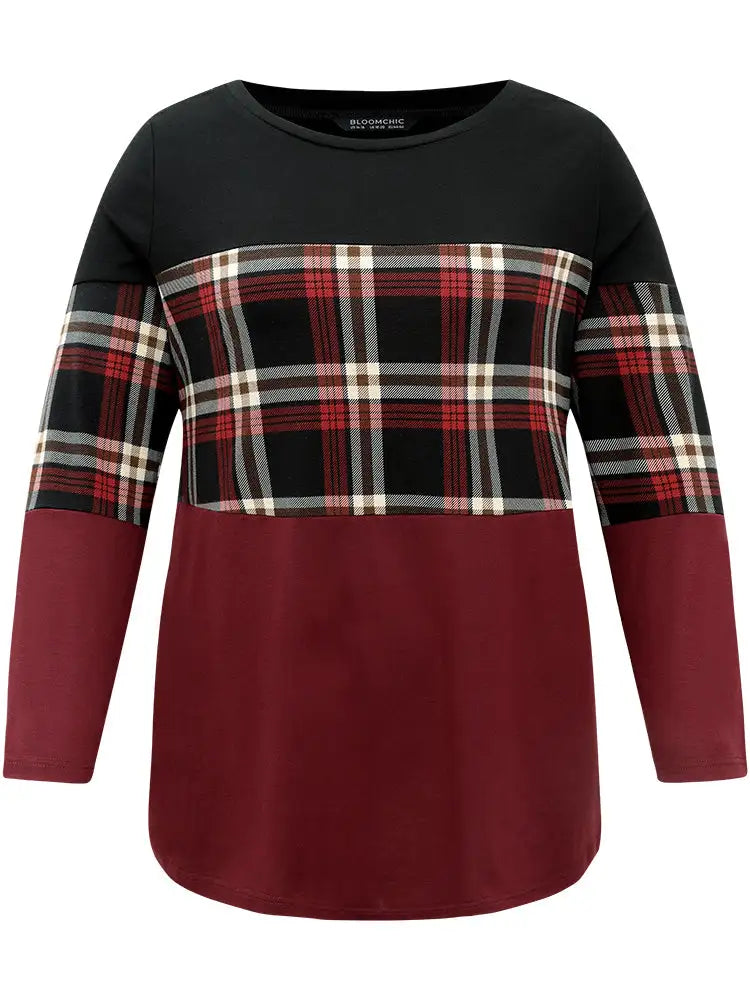 Plaid Contrast Patchwork Round Neck T-Shirt