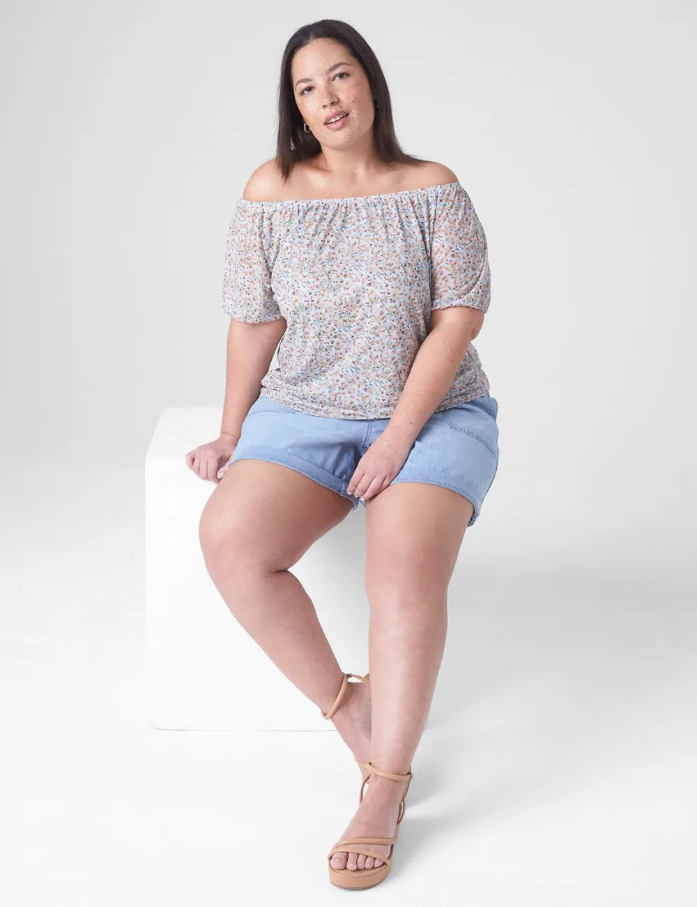 Elastic-Neck Printed Mesh Top