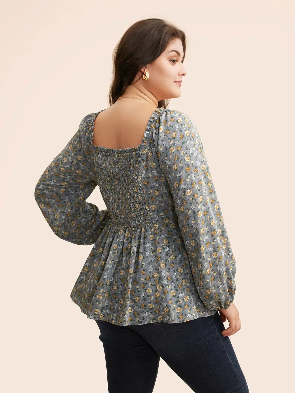 Heart Neckline Ditsy Floral Shirred Blouse
