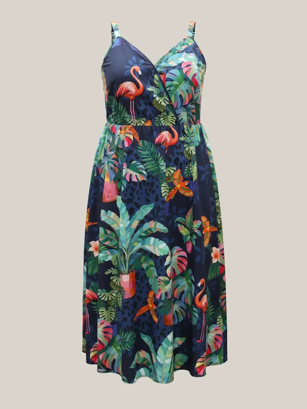 Tropical Pattern Surplice Pockets Midi Dress
