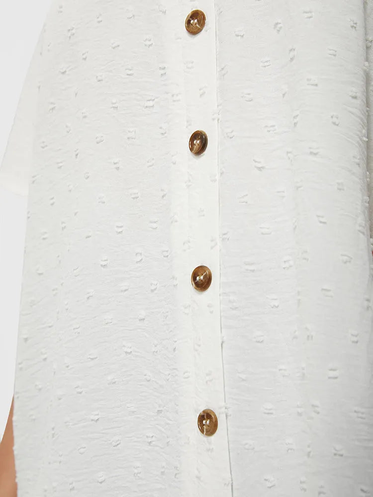 Solid Button V Neck Ruffles Blouse