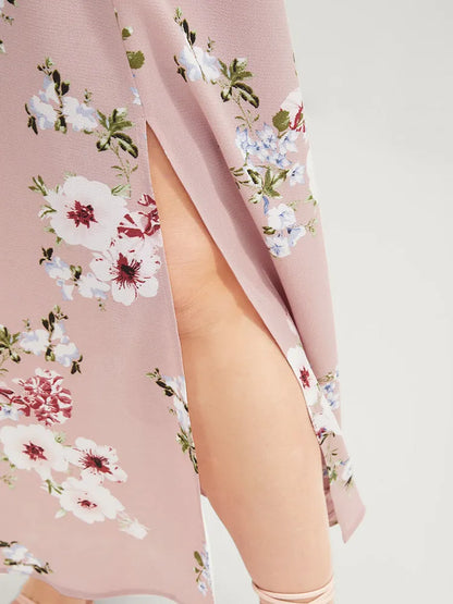 Floral Square Neck Ruffles Pocket Shirred Split Dress