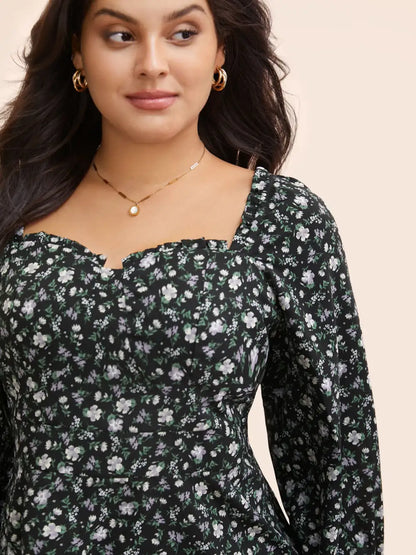 Heart Neckline Ditsy Floral Shirred Blouse