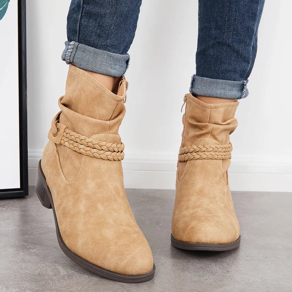 Slouchy Ankle Boots Braided Strap Chunky Block Heel Booties
