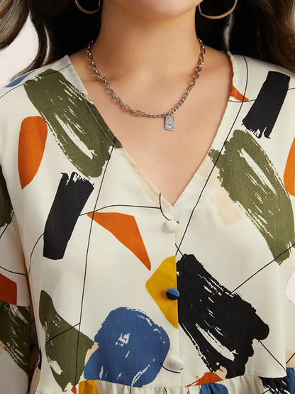 Brush Print Button Detail Elastic Cuffs Blouse