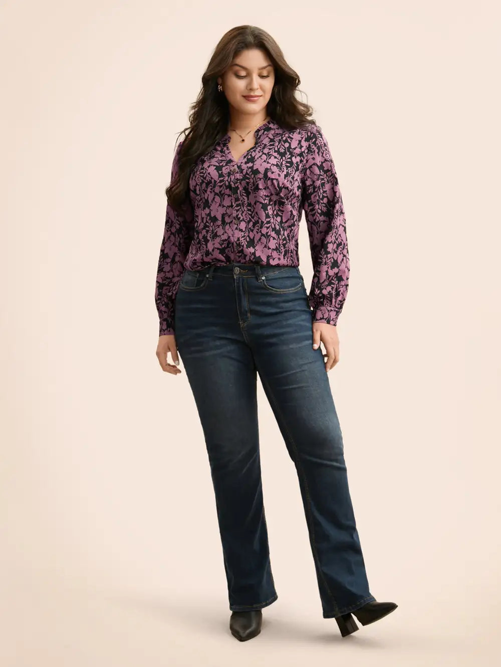 Silhouette Floral Print Notched Frill Trim Blouse
