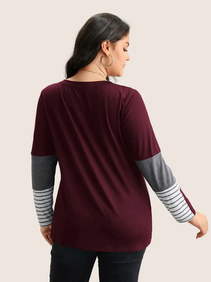Colorblock Contrast Striped V Neck T-Shirt