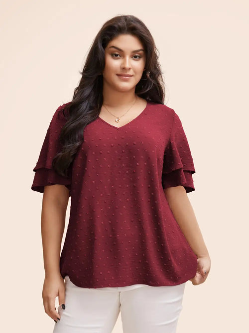 Plain Ruffle Tiered Sleeve V Neck Polka Dot Blouse