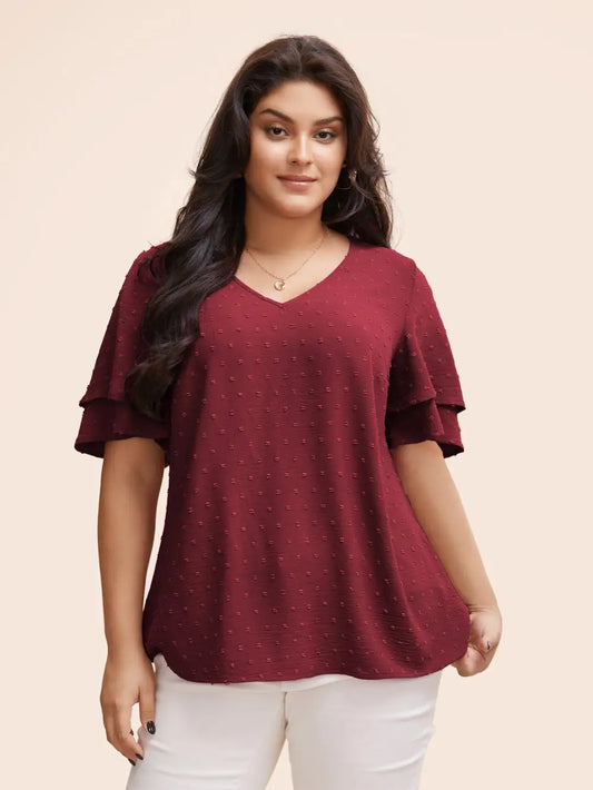 Plain Ruffle Tiered Sleeve V Neck Polka Dot Blouse