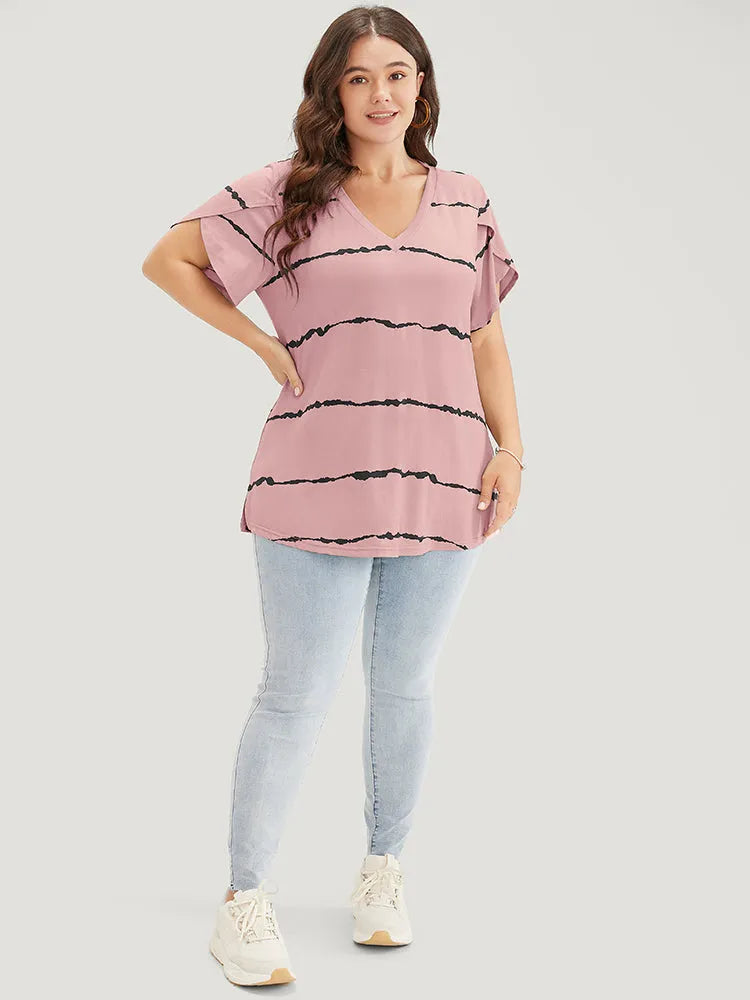 Striped Contrast Petal Sleeve T-shirt