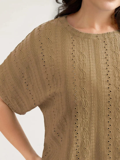 Eyelet Trim Stretchy Textured Plain Top