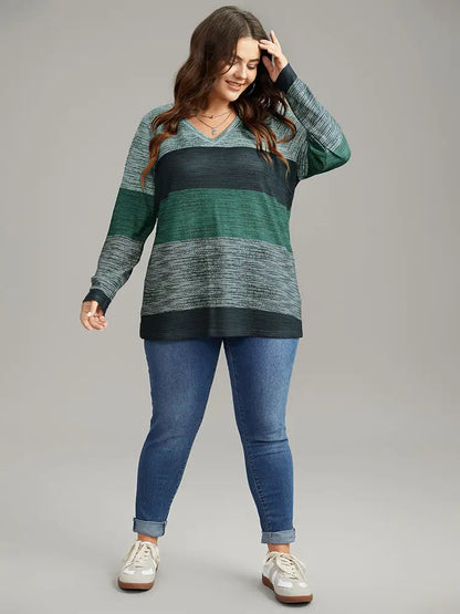 Striped Colorblock Contrast V Neck T-Shirt
