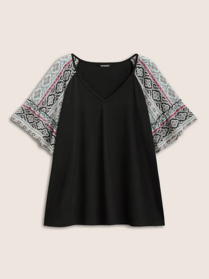 Boho Print Patchwork Raglan Sleeve T-Shirt