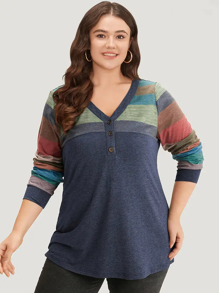 Colorblock Contrast V Neck Button Up T-Shirt