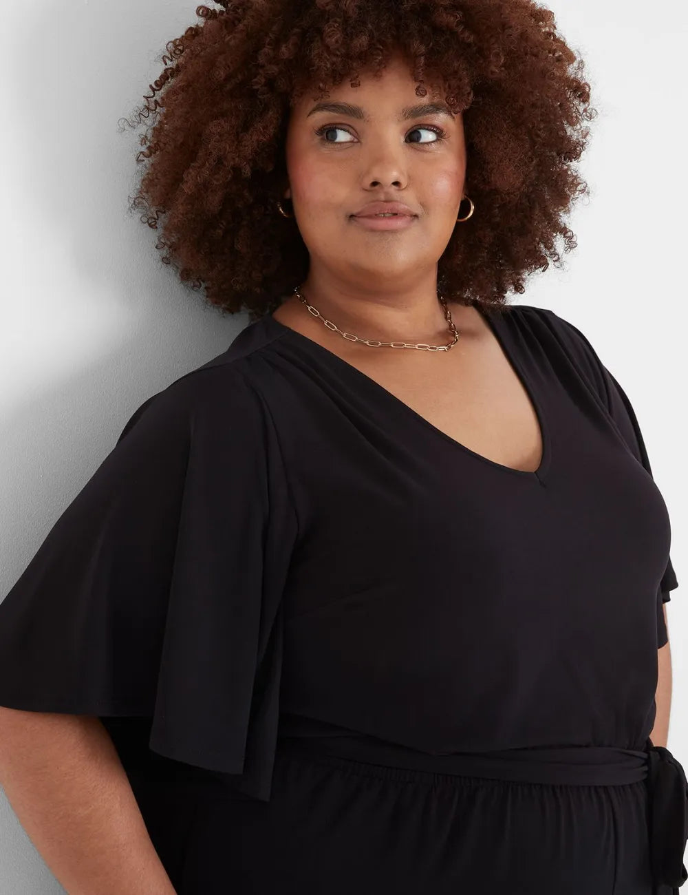 Flutter-Sleeve V-Neck Wide Leg Jumpsuit