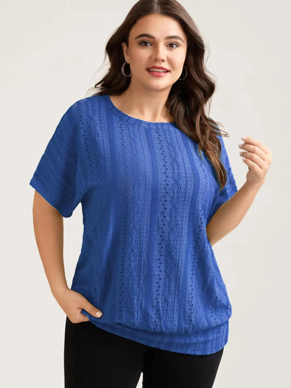 Eyelet Trim Stretchy Textured Plain Top