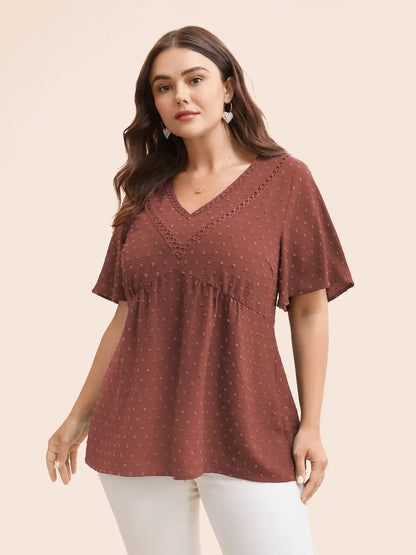 Polka Dot Frill Trim V Neck Flutter Blouse